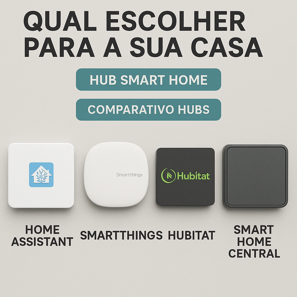 hub smart home, controlador central, Home Assistant, SmartThings, Hubitat, automação residencial, casa inteligente central, comparativo hubs